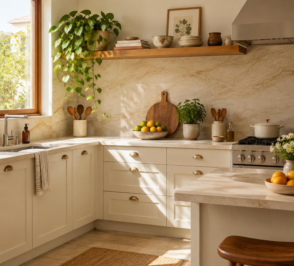 Cozinha clara e organizada com plantas
